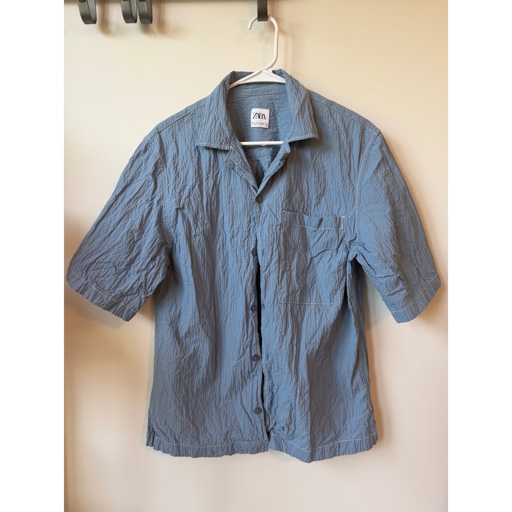 Zara Mens Blue Seersucker Short Sleeve Button Down Shirt Small 0803